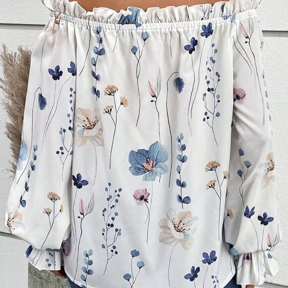 White Boho Women's Plus Size Vacation Loose Off-Shoulder Blouse - Picture 3 of 5